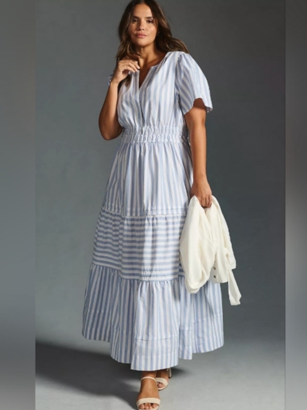 Anthropologie L Somerset Blue White Striped Tiered Cotton Maxi Dress - Picture 2 of 3